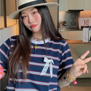 Loose Plus Size Bow Tie Striped T-Shirt for Women - Short Sleeve 2025 Spring Summer Fashion Top