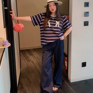 Loose Plus Size Bow Tie Striped T-Shirt for Women - Short Sleeve 2025 Spring Summer Fashion Top