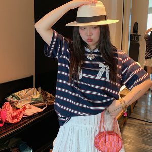 Loose Plus Size Bow Tie Striped T-Shirt for Women - Short Sleeve 2025 Spring Summer Fashion Top