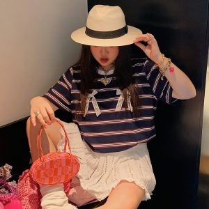 Loose Plus Size Bow Tie Striped T-Shirt for Women - Short Sleeve 2025 Spring Summer Fashion Top