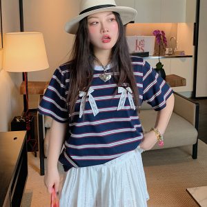 Loose Plus Size Bow Tie Striped T-Shirt for Women - Short Sleeve 2025 Spring Summer Fashion Top
