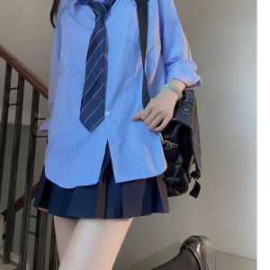 Loose Short Sleeve Blue Striped Shirt Top for Women - Pudding Bear Inspired JK Style Summer Fashion 2024