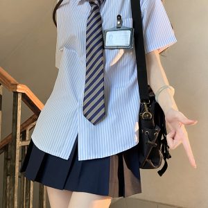 Loose Short Sleeve Blue Striped Shirt Top for Women - Pudding Bear Inspired JK Style Summer Fashion 2024