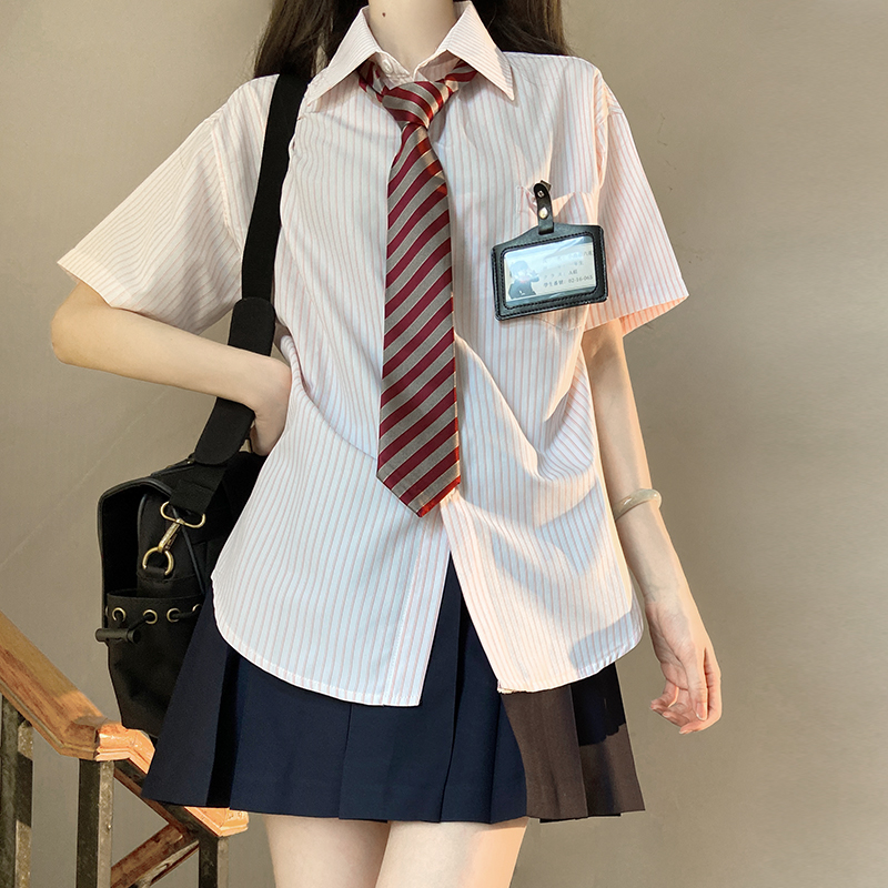 Loose Short Sleeve Blue Striped Shirt Top for Women - Pudding Bear Inspired JK Style Summer Fashion 2024 Loose Short Sleeve Blue Striped Shirt Top for Women - Pudding Bear Inspired JK Style Summer Fashion 2024