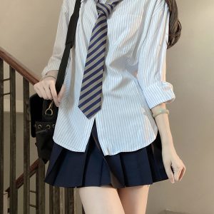 Loose Short Sleeve Blue Striped Shirt Top for Women - Pudding Bear Inspired JK Style Summer Fashion 2024