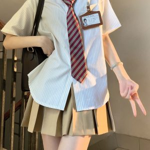 Loose Short Sleeve Blue Striped Shirt Top for Women - Pudding Bear Inspired JK Style Summer Fashion 2024