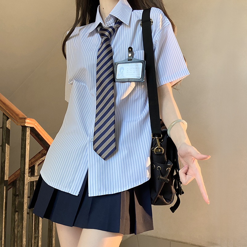 Loose Short Sleeve Blue Striped Shirt Top for Women - Pudding Bear Inspired JK Style Summer Fashion 2024