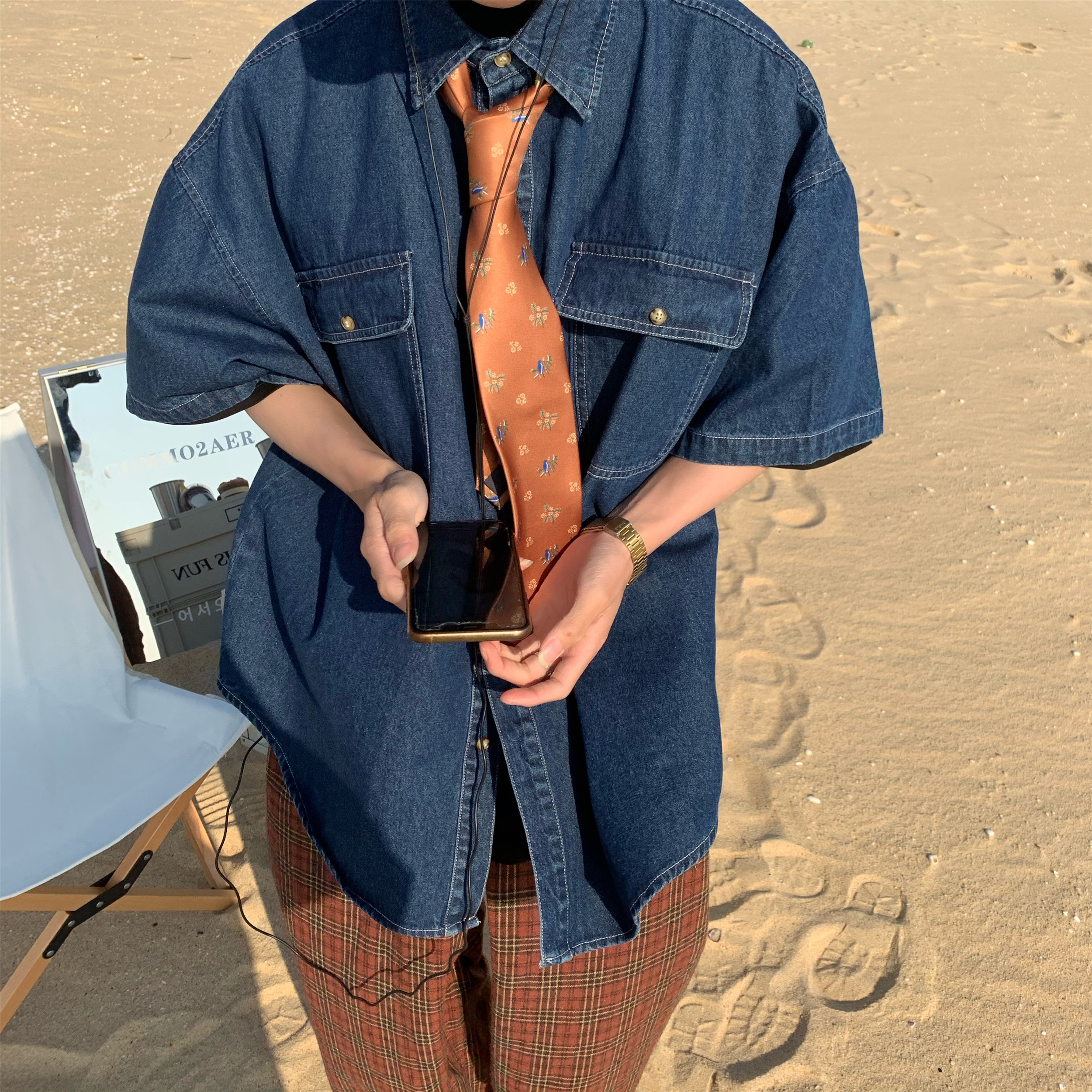 Loose Short Sleeve Denim Shirt for Couples - Vintage Retro Korean Style Washable Half Sleeve Top