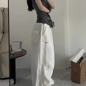 Loose Wide-Leg White Cargo Pants for Women - American Hip-Hop Style Jazz Dance Casual Sports Trousers with Slimming Drape