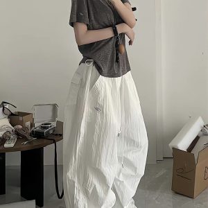 Loose Wide-Leg White Cargo Pants for Women - American Hip-Hop Style Jazz Dance Casual Sports Trousers with Slimming Drape