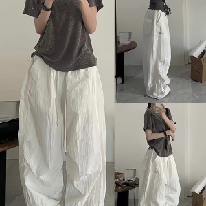 Loose Wide-Leg White Cargo Pants for Women - American Hip-Hop Style Jazz Dance Casual Sports Trousers with Slimming Drape