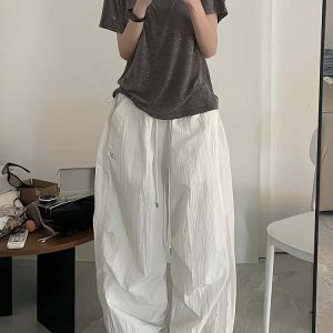 Loose Wide-Leg White Cargo Pants for Women - American Hip-Hop Style Jazz Dance Casual Sports Trousers with Slimming Drape
