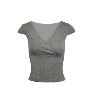 Low-Cut Cross V-Neck Short Sleeve Fitted Stretchy Top - Y2K Style Casual Wear
