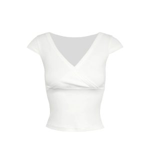 Low-Cut Cross V-Neck Short Sleeve Fitted Stretchy Top - Y2K Style Casual Wear
