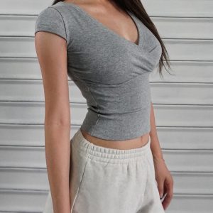 Low-Cut Cross V-Neck Short Sleeve Fitted Stretchy Top - Y2K Style Casual Wear