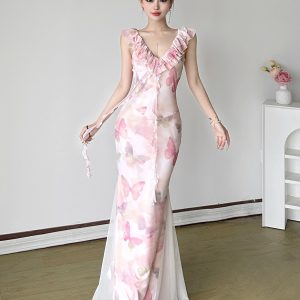 Low-Neck Fitted Butterfly Long Dress for Women - Rose Valley Vacation Style with Mesh Splicing, Perfect for Summer and Y2K Fashion