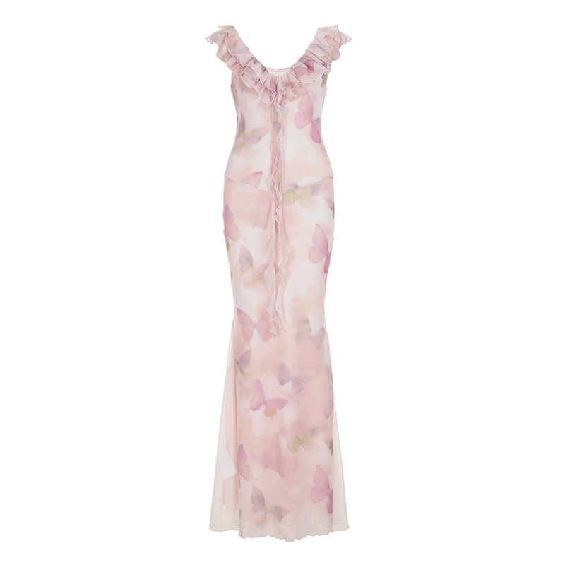Low-Neck Fitted Butterfly Long Dress for Women - Rose Valley Vacation Style with Mesh Splicing, Perfect for Summer and Y2K Fashion