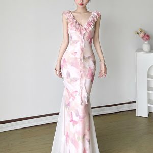 Low-Neck Fitted Butterfly Long Dress for Women - Rose Valley Vacation Style with Mesh Splicing, Perfect for Summer and Y2K Fashion