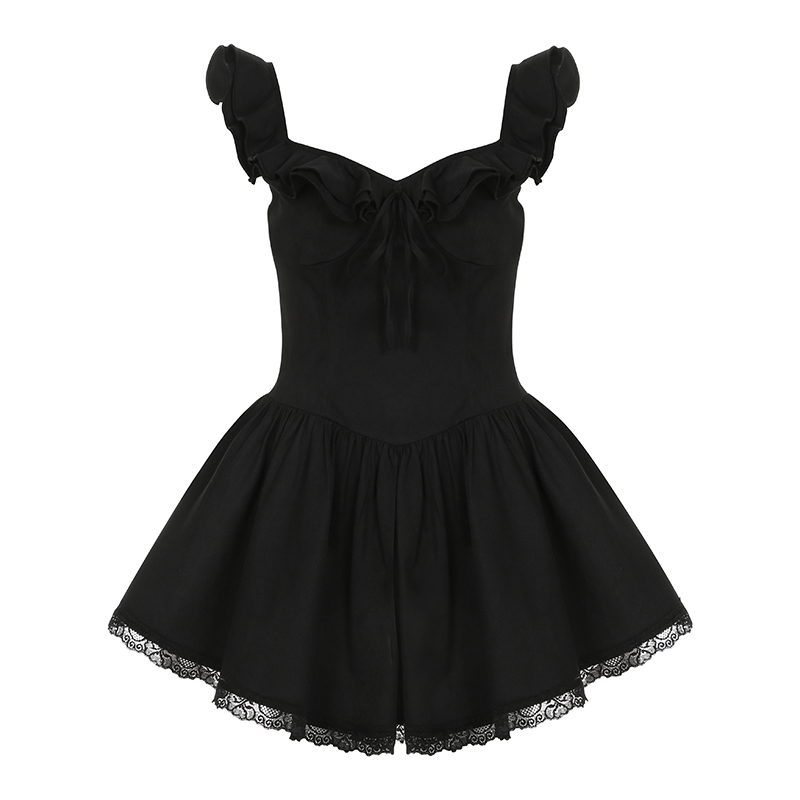 Low-Neck Little Black Dress for Women - Hepburn Style A-Line with Ruffled Hem, Lace Trim, and Pleated Short Skirt