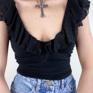 Low-Neck Ruffled Backless Short Tank Top for Women with Flutter Sleeves - Romantic French Vacation Style, Slim Fit