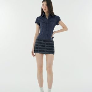 Low-Waist Deep Blue Vintage Plaid Skirt - Anti-Exposure Design for Y2K Style Fashion
