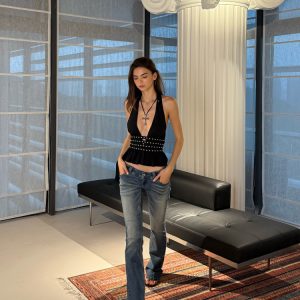 Low Waist Elastic Flared Jeans with Slimming Shrinkage Effect and Slanted Cat Whiskers - Trendy Y2K Style