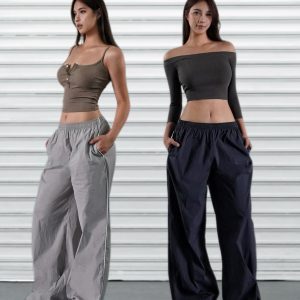 Low-Waist Retro Color-Block Wide-Leg Sports Cargo Pants for Sun Protection - 90s Inspired Fashion