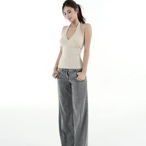 Low-Waist Tencel Gray Straight-Leg Casual Pants for Women - Trendy Y2K Style, Comfortable Everyday Wear