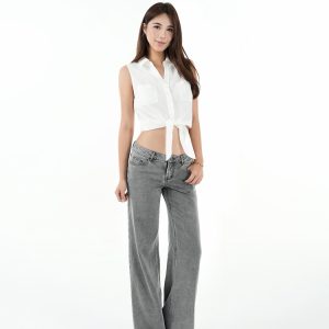 Low-Waist Tencel Gray Straight-Leg Casual Pants for Women - Trendy Y2K Style, Comfortable Everyday Wear