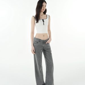 Low-Waist Tencel Gray Straight-Leg Casual Pants for Women - Trendy Y2K Style, Comfortable Everyday Wear