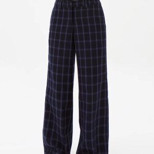 Low-Waist Vintage Blue Plaid Loose Casual Pants - Retro Y2K Style Trousers for Effortless Everyday Fashion