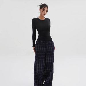 Low-Waist Vintage Blue Plaid Loose Casual Pants - Retro Y2K Style Trousers for Effortless Everyday Fashion