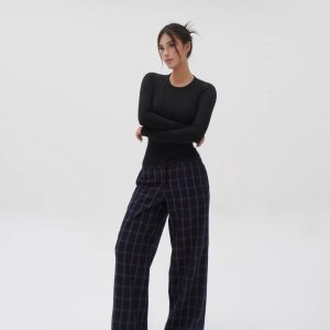 Low-Waist Vintage Blue Plaid Loose Casual Pants - Retro Y2K Style Trousers for Effortless Everyday Fashion