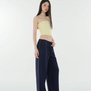 Low-Waist Vintage Tencel Linen Elastic Waist Straight-Leg Pants for Women - Retro 90s Inspired Style
