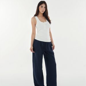 Low-Waist Vintage Tencel Linen Elastic Waist Straight-Leg Pants for Women - Retro 90s Inspired Style