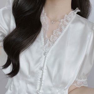 Luminous White Satin Summer Top for Women - V-Neck, Short Sleeves, Lace Trim, Pearl Buttons, Waist-Cinching French Style
