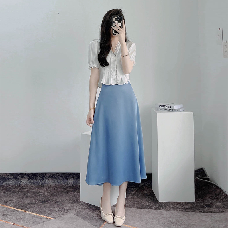 Luminous White Satin Summer Top for Women - V-Neck, Short Sleeves, Lace Trim, Pearl Buttons, Waist-Cinching French Style