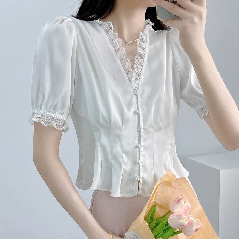 Luminous White Satin Summer Top for Women - V-Neck, Short Sleeves, Lace Trim, Pearl Buttons, Waist-Cinching French Style
