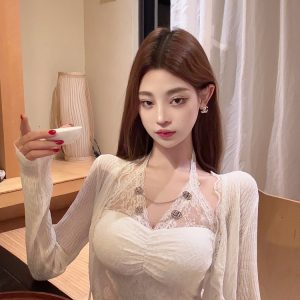 Luna Lona Ice Silk Knitted Women's Short Cardigan with Lace Trim - Lightweight, Elegant Layering for Spring and Summer