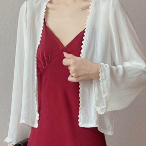 Lunar Crescent Lace Cardigan - Chiffon Sun Protection, Bell Sleeves, Draped Design, Slimming Short Jacket for Spring/Summer Women's Fashion