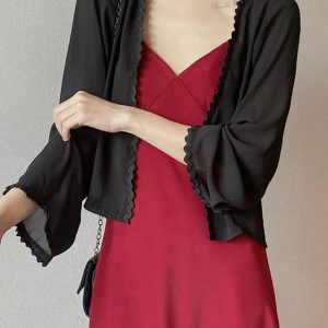 Lunar Crescent Lace Cardigan - Chiffon Sun Protection, Bell Sleeves, Draped Design, Slimming Short Jacket for Spring/Summer Women's Fashion