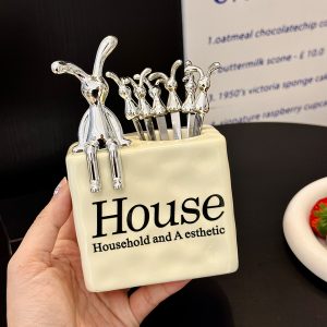 Luxury Stainless Steel Fruit Forks Set with 6 Skewers and Ceramic Storage Jar for Desserts and Fruit