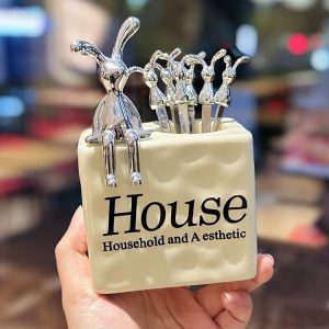 Luxury Stainless Steel Fruit Forks Set with 6 Skewers and Ceramic Storage Jar for Desserts and Fruit