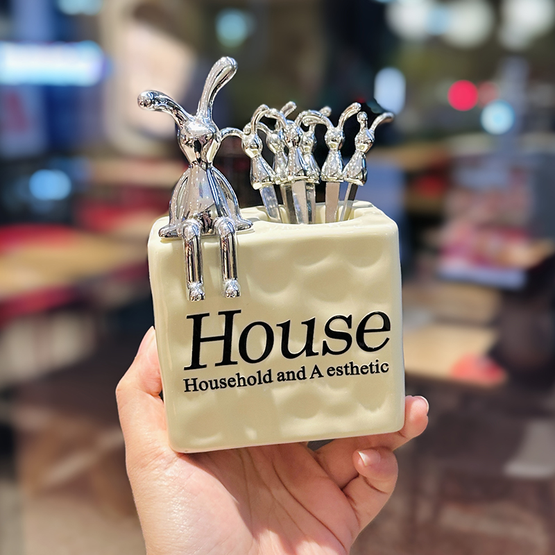 Luxury Stainless Steel Fruit Forks Set with 6 Skewers and Ceramic Storage Jar for Desserts and Fruit