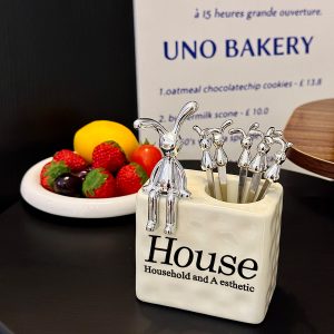 Luxury Stainless Steel Fruit Forks Set with 6 Skewers and Ceramic Storage Jar for Desserts and Fruit