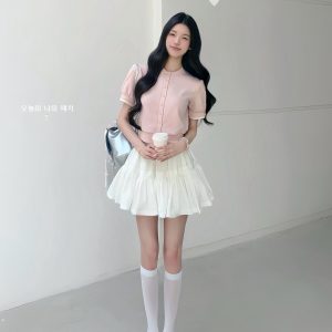 Luxury Thousand Gold Slimming Waist Contrast Color Fake Two-Piece Short Sleeve Cardigan Jacket with Puff Skirt for Women