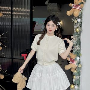 Luxury Thousand Gold Slimming Waist Contrast Color Fake Two-Piece Short Sleeve Cardigan Jacket with Puff Skirt for Women