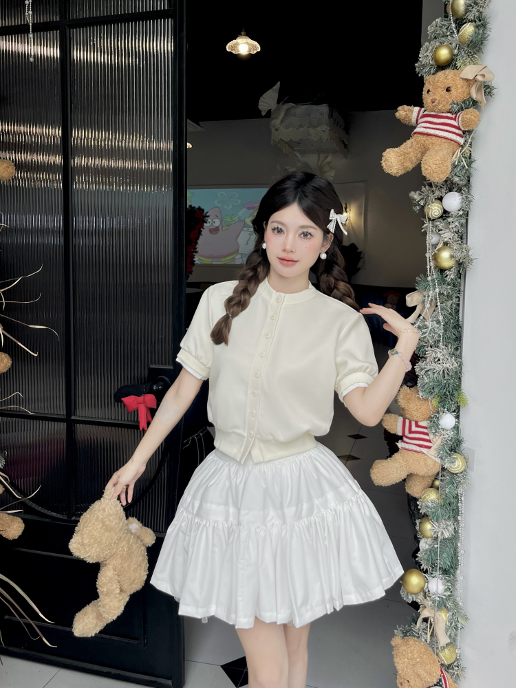 Luxury Thousand Gold Slimming Waist Contrast Color Fake Two-Piece Short Sleeve Cardigan Jacket with Puff Skirt for Women Luxury Thousand Gold Slimming Waist Contrast Color Fake Two-Piece Short Sleeve Cardigan Jacket with Puff Skirt for Women