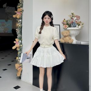 Luxury Thousand Gold Slimming Waist Contrast Color Fake Two-Piece Short Sleeve Cardigan Jacket with Puff Skirt for Women