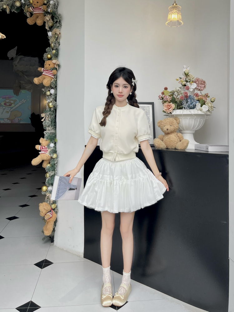 Luxury Thousand Gold Slimming Waist Contrast Color Fake Two-Piece Short Sleeve Cardigan Jacket with Puff Skirt for Women Luxury Thousand Gold Slimming Waist Contrast Color Fake Two-Piece Short Sleeve Cardigan Jacket with Puff Skirt for Women